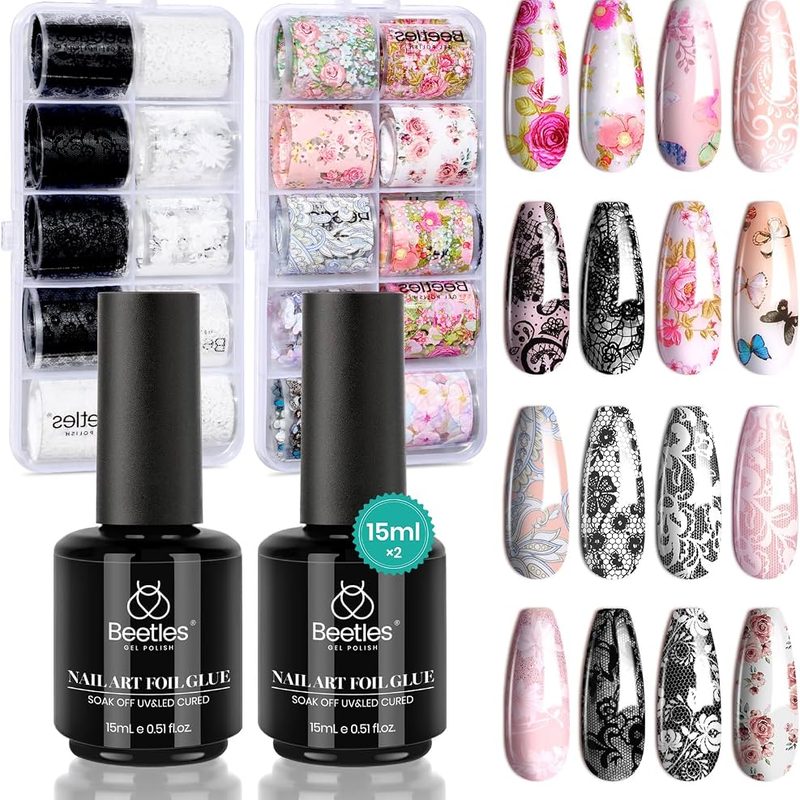 Various bottles of nail art foil glue displayed on a beauty counter