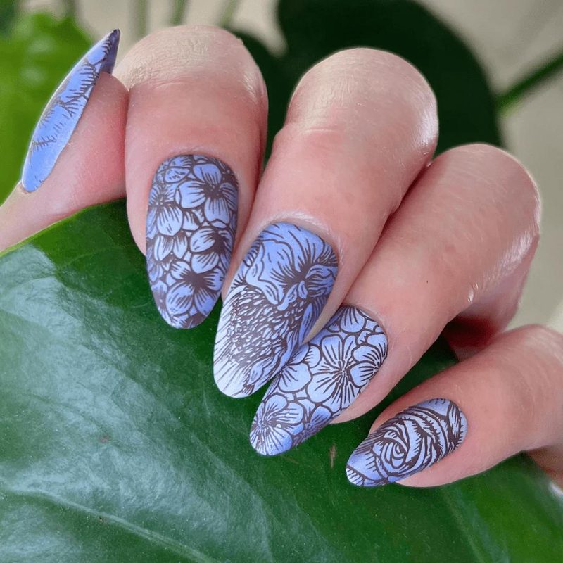 various creative nail art designs using stamping plates and decorations