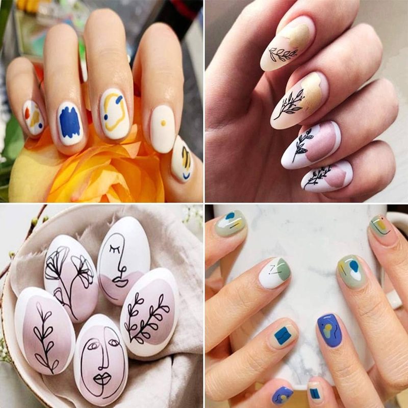 various nail art designs featuring metallic and floral nail art stickers