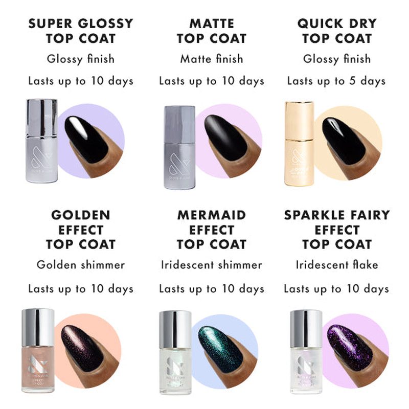 Various nail polish top coat options including glossy, matte, and gel