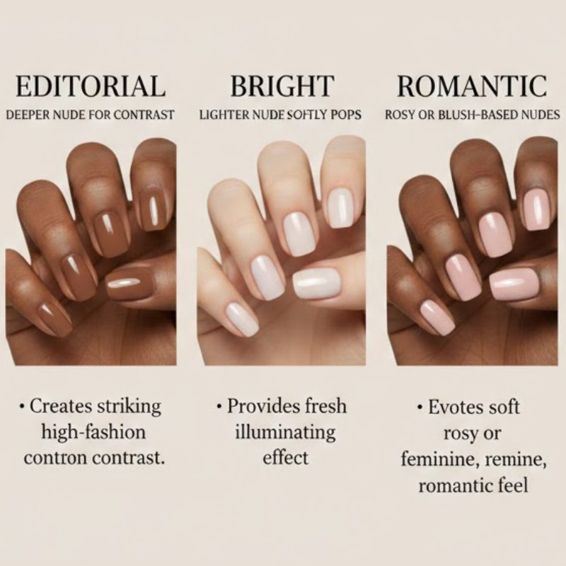 various nude nail polish shades suited for different skin tones