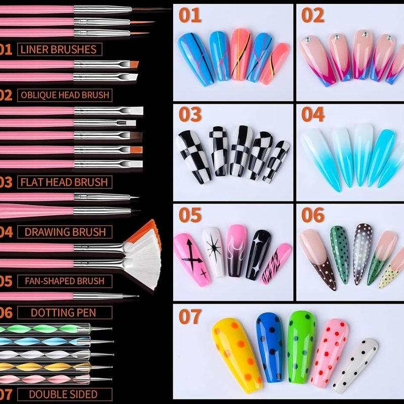 a variety of essential nail art design tools including brushes and dotting tools