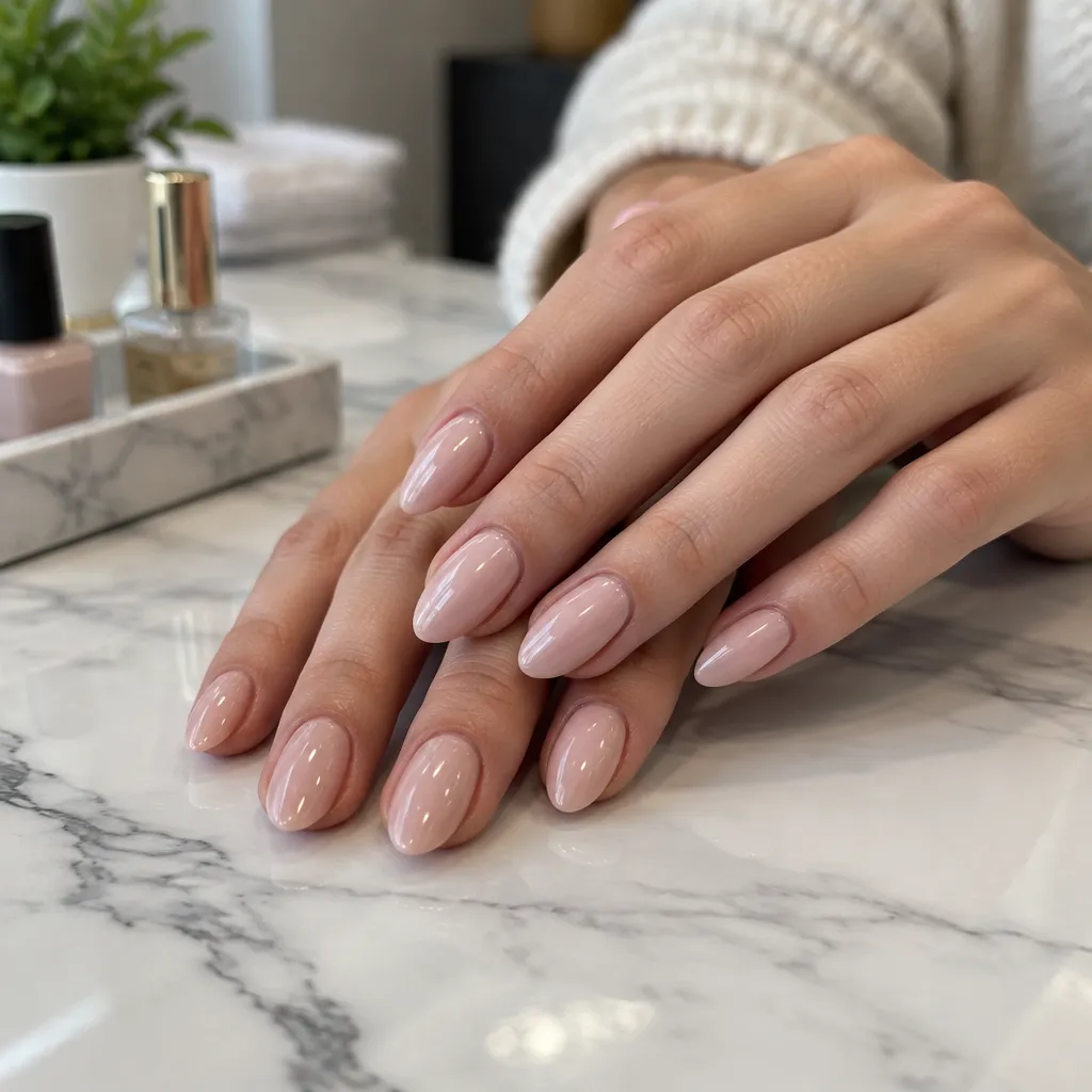 Close-up of manicured nails showing a glossy gel polish finish