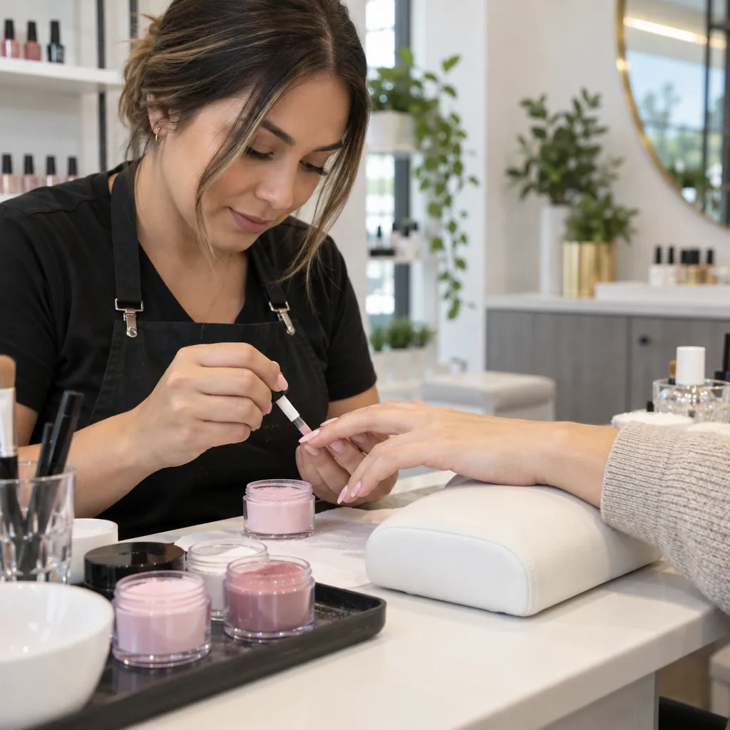 Nail technician applying dip powder manicure technique in a clean salon