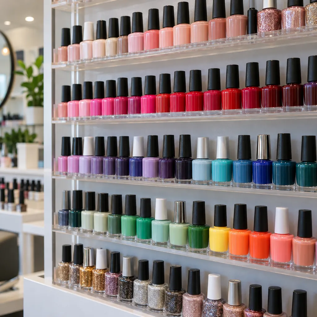 Various nail polish colors arranged neatly on a salon shelf