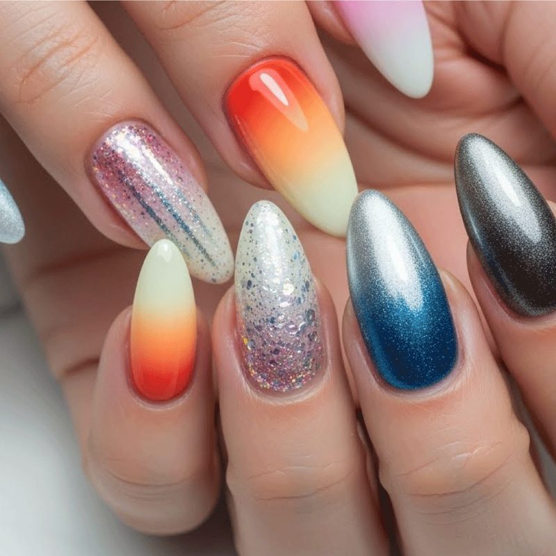 close up of a hand applying paint for nail art with a fine brush