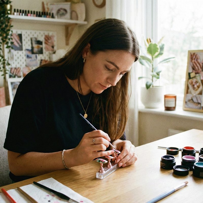 close-up of hand painting nails using a nail art paint brush