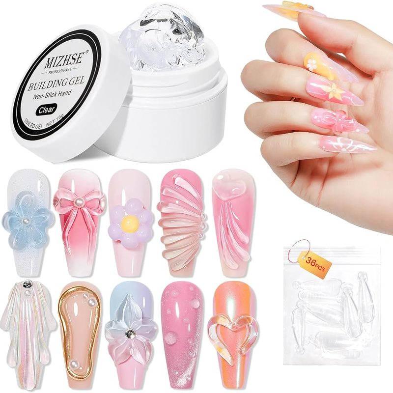Close-up of nail art sculpting gel being applied for 3D nail art