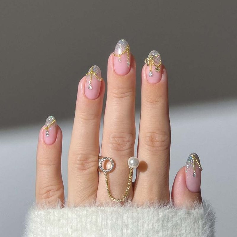 close-up of trendy nail art glitter flakes creating sparkling designs