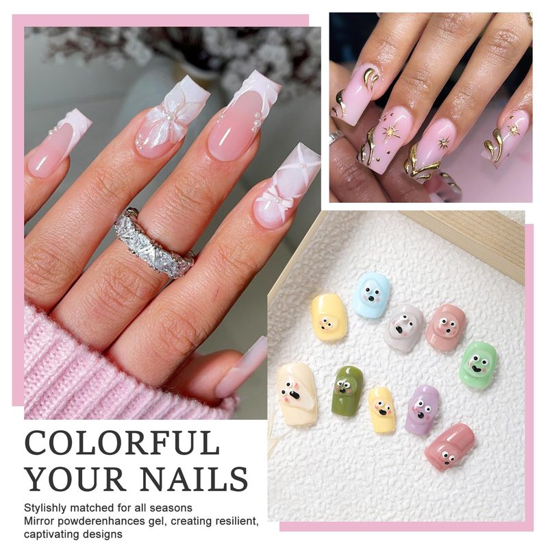 Colorful 3D nail art sculpting gel designs with intricate patterns