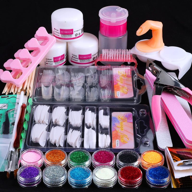 Contents of a comprehensive acrylic nail art kit with nail art tools and powders