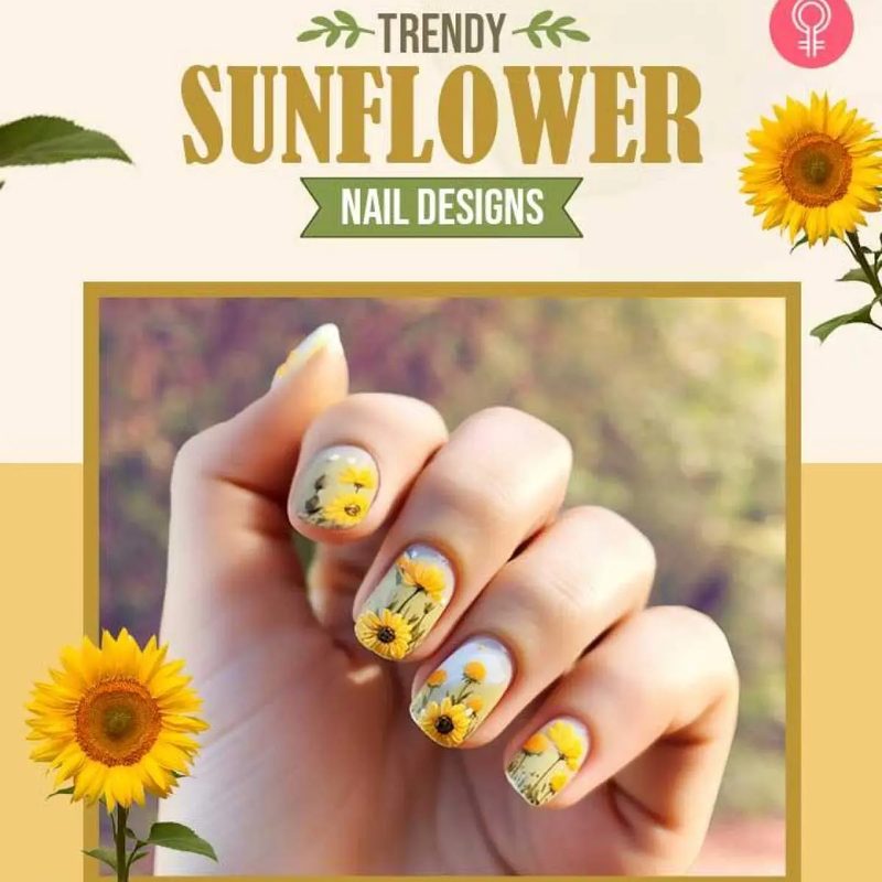 creative simple sunflower nail art with rhinestones and tribal elements