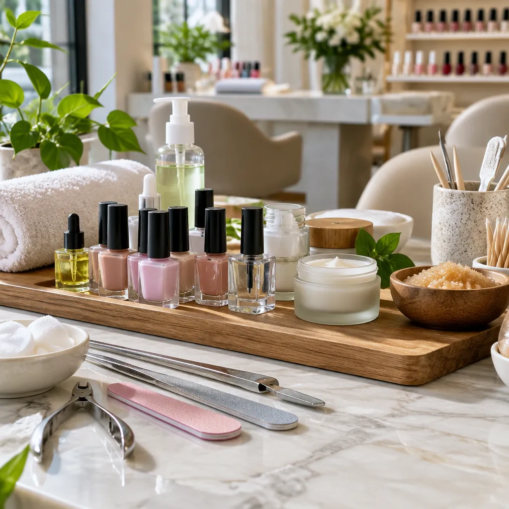A nail technician gives a gel manicure to a client in a bright and inviting salon setting.