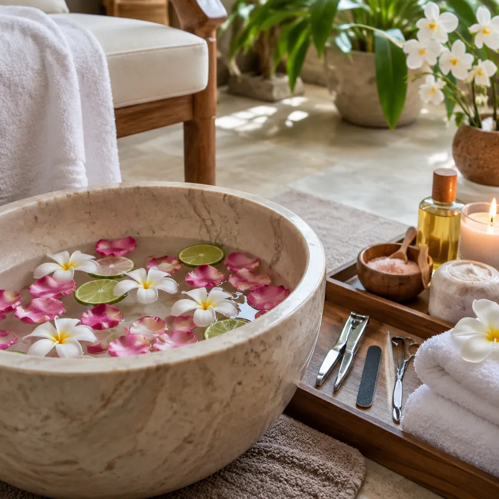 Luxurious manicure setup with candles and spa products