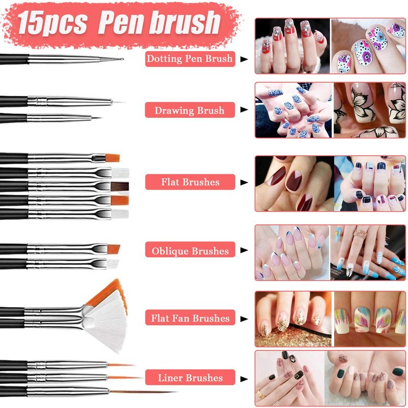 flat lay of nail art set components including brushes, stamping plates, and beads