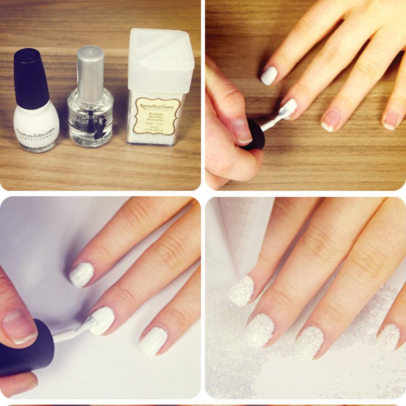 hands applying caviar beads onto nails during manicure process