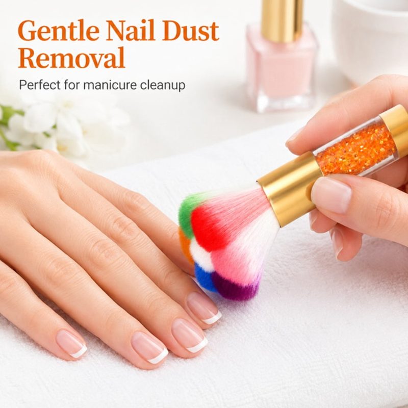 Manicure dust brush gently removing excess powder from nail art