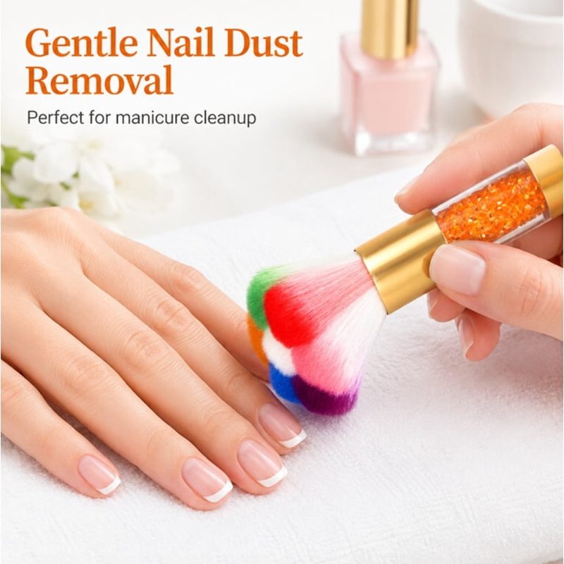 Manicure dust brush sweeping away nail dust near rhinestone nail art