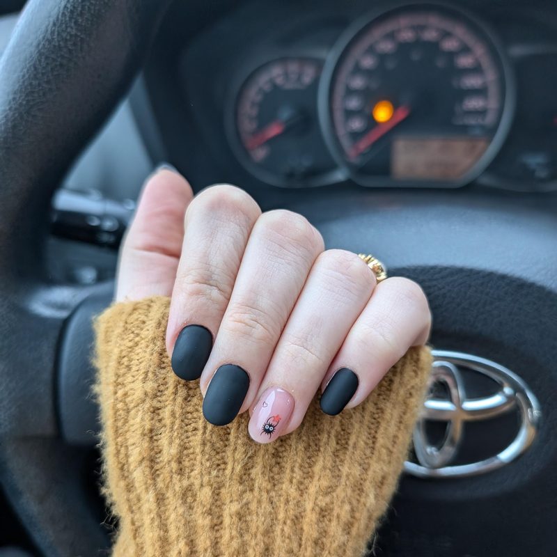 matte black nails showing contrasting glossy nail art designs