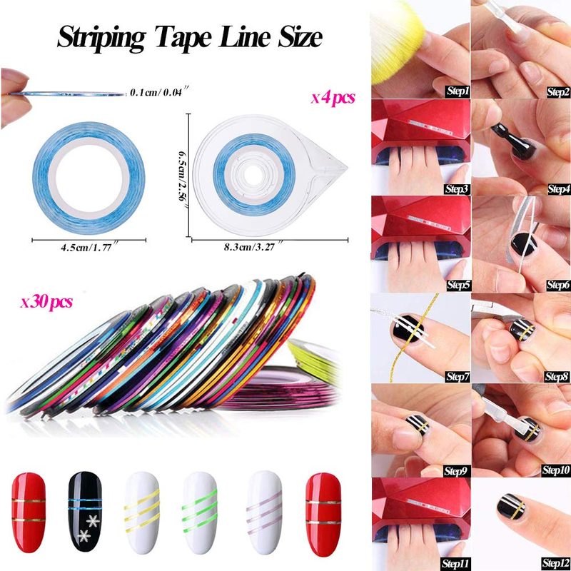 nail art accessories including rhinestones, striping tape, and dotting tools