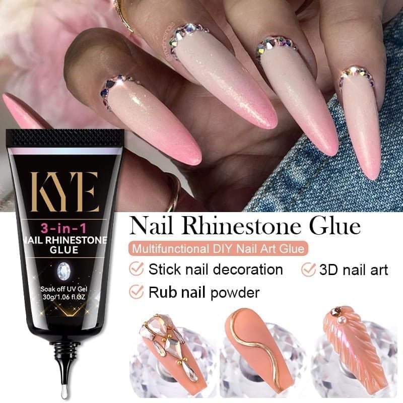 nail artist selecting the best nail embellishment glue for rhinestone application