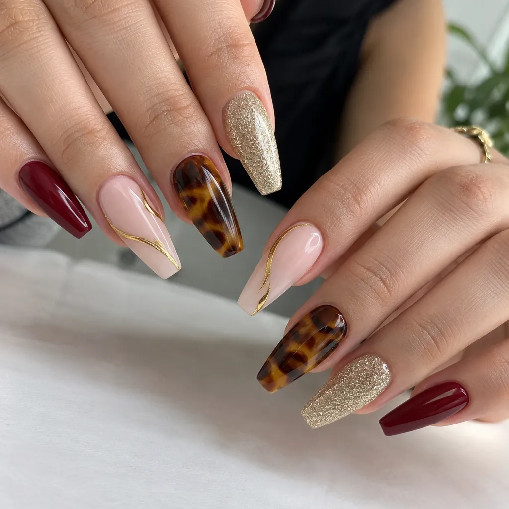 Stylish acrylic nails with intricate designs.