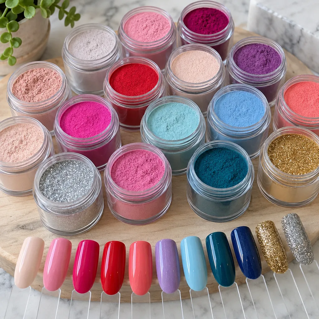 Selection of vibrant dip powder colors for nails.