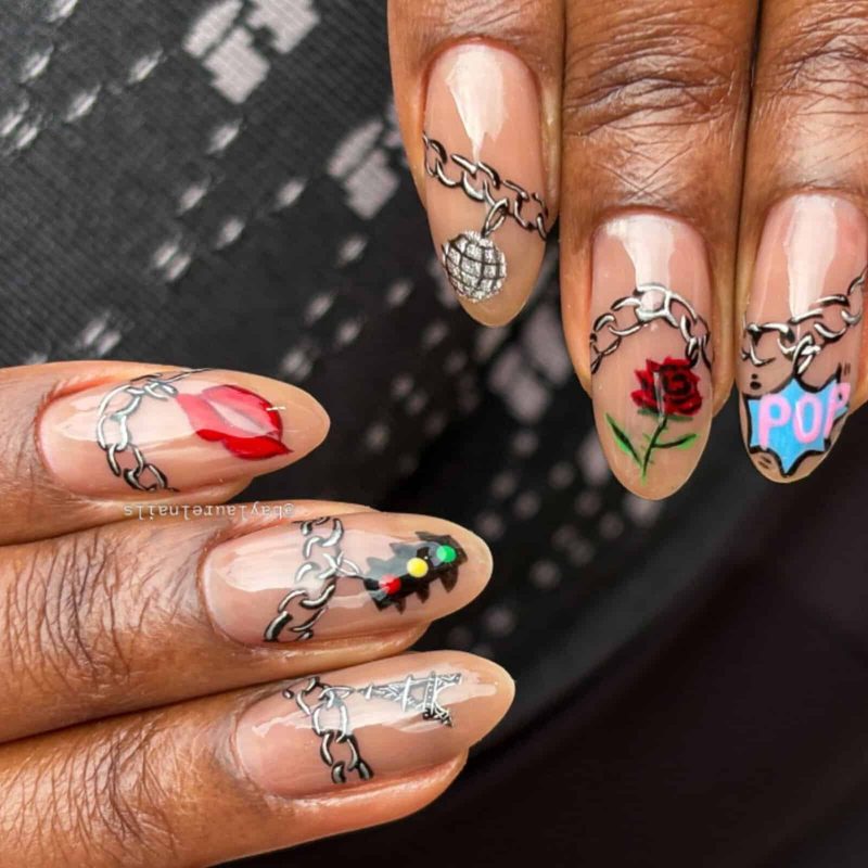 Nail salon showcasing various charm nail art trends
