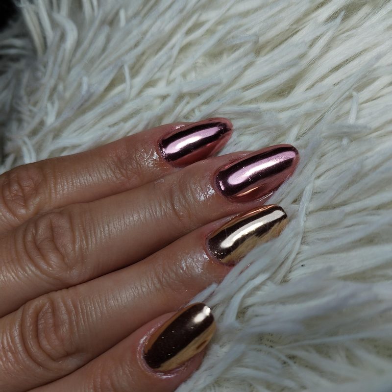 person wearing gloves to protect gel varnish mirror nails