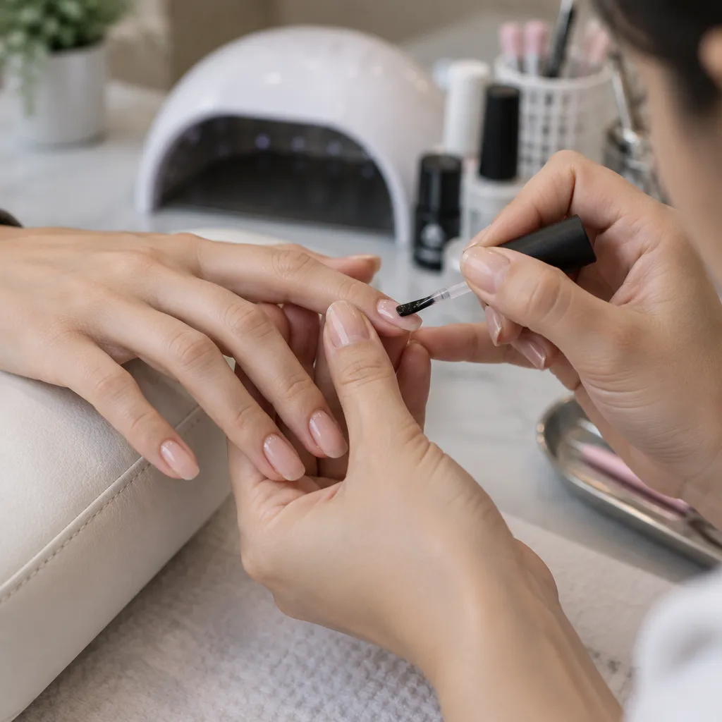 Nail technician applying gel manicure in a nail salon