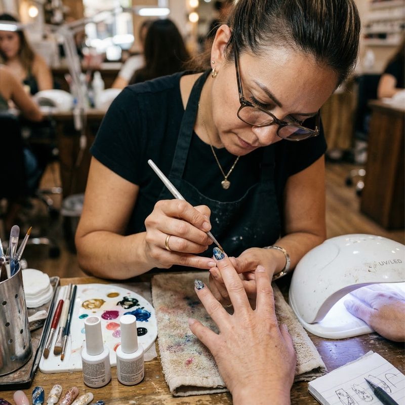 professional nail artist applying gel paint for nail art in a salon
