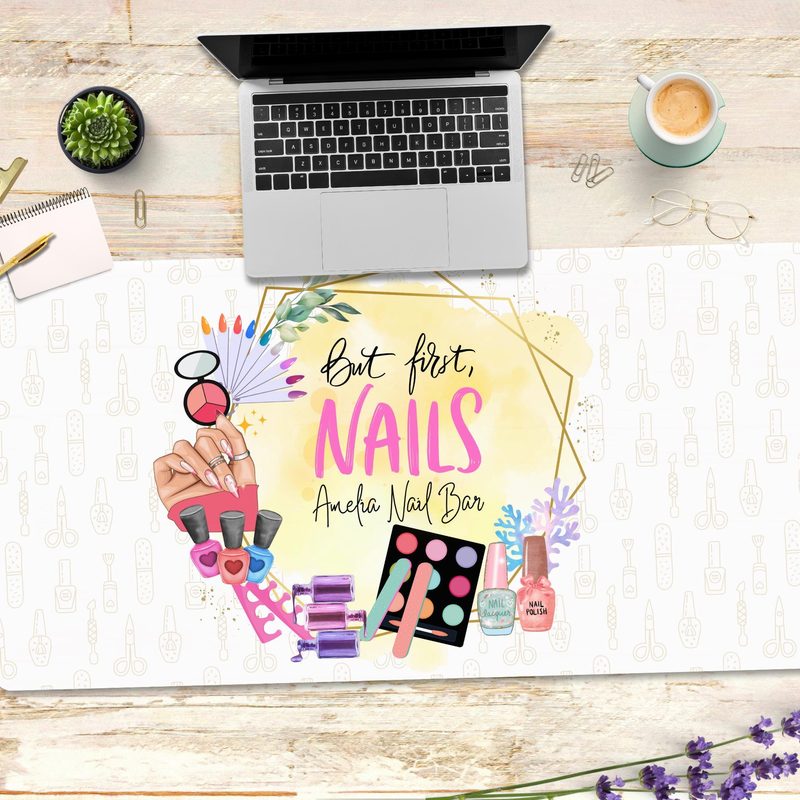 professional nail salon setup featuring a mat for nail art and manicure tools