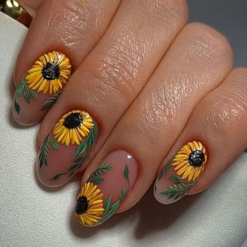 seasonal simple sunflower nail art on various nail shapes