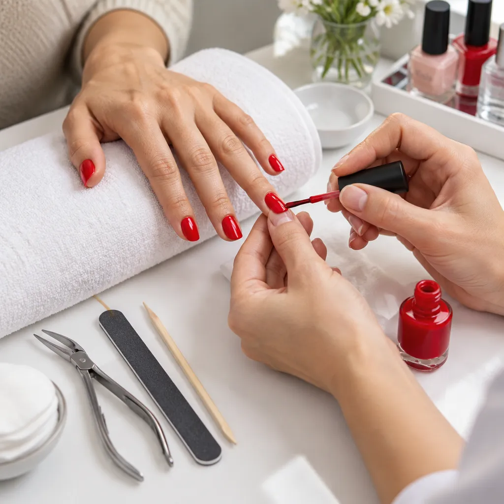 Client receiving a classic manicure with nail polish being applied.