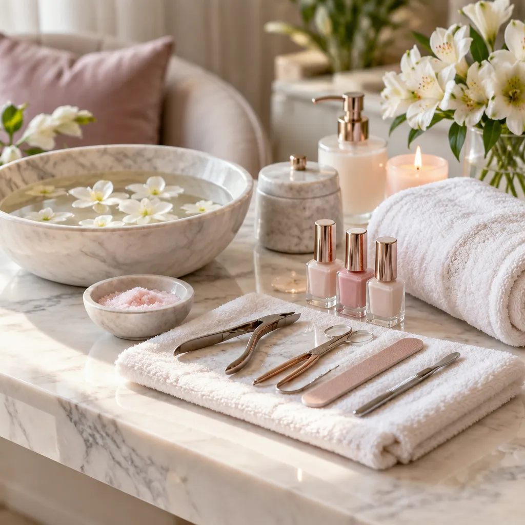 Luxurious spa manicure setup with elegant tools and products.