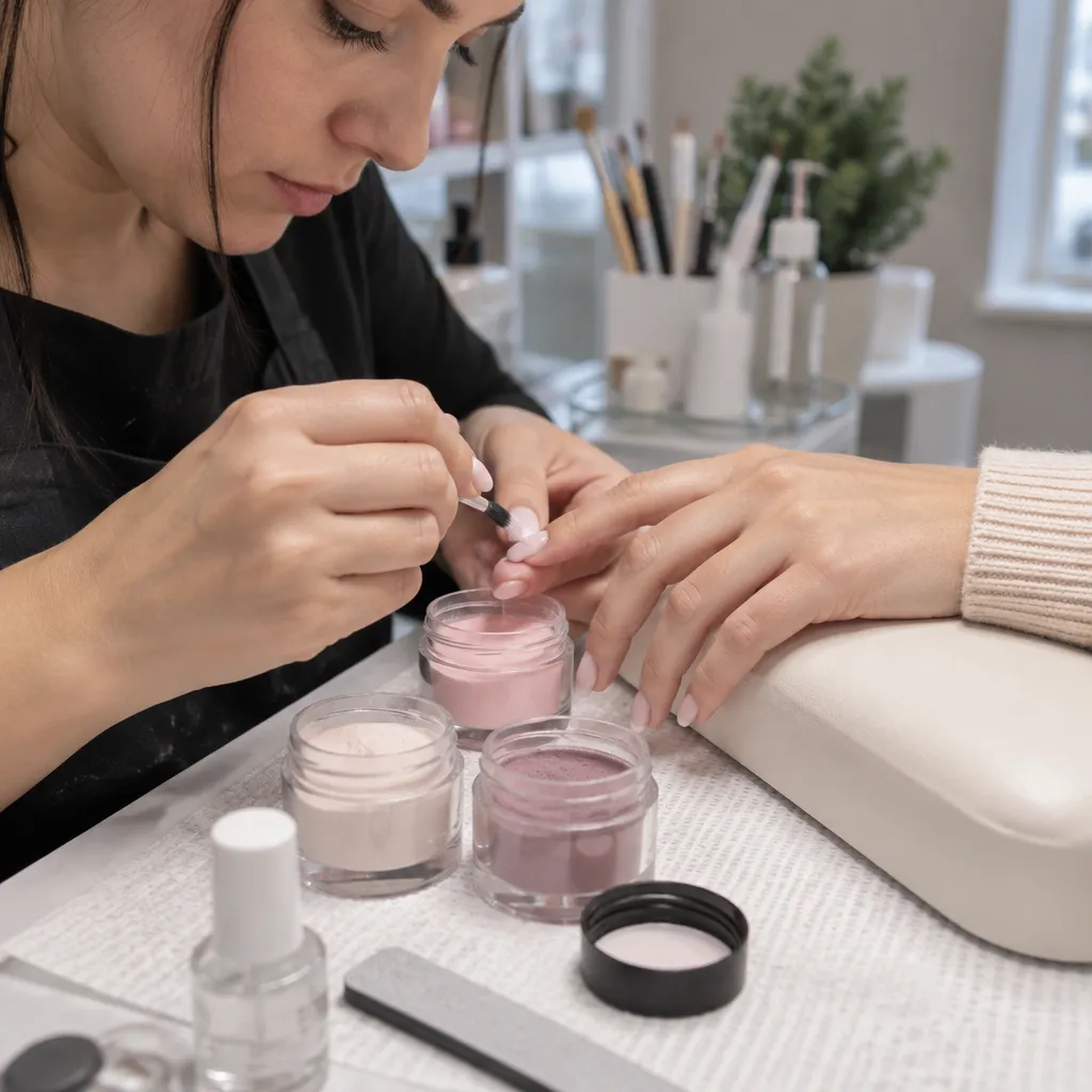 Dipping powder manicure being applied with vibrant colors.