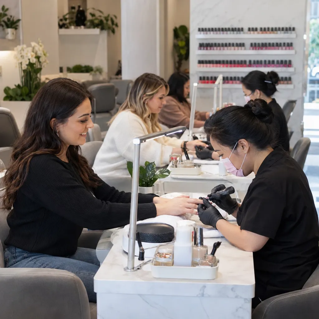 Clients receiving manicures at a nail salon with technicians providing care.