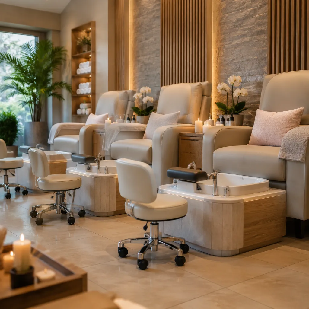 Relaxing pedicure station with luxurious seating and dim lighting.