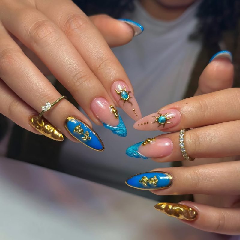 Trendy custom nail art designs featuring glitter and mirror-effect finishes