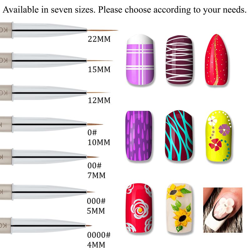 variety of nail art liner brush kolinsky sizes displayed on a table