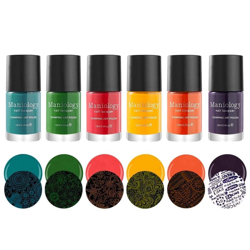 Various bottles of nail art stamping polish alongside color swatches showing their pigmentation