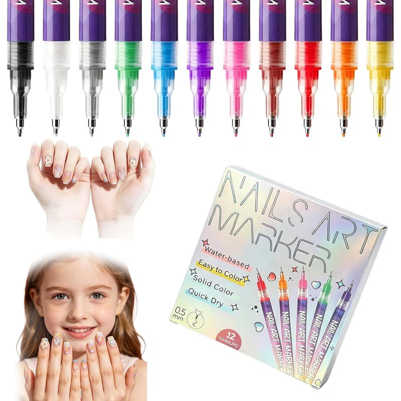 various tip sizes of non toxic nail art pens displayed on a table