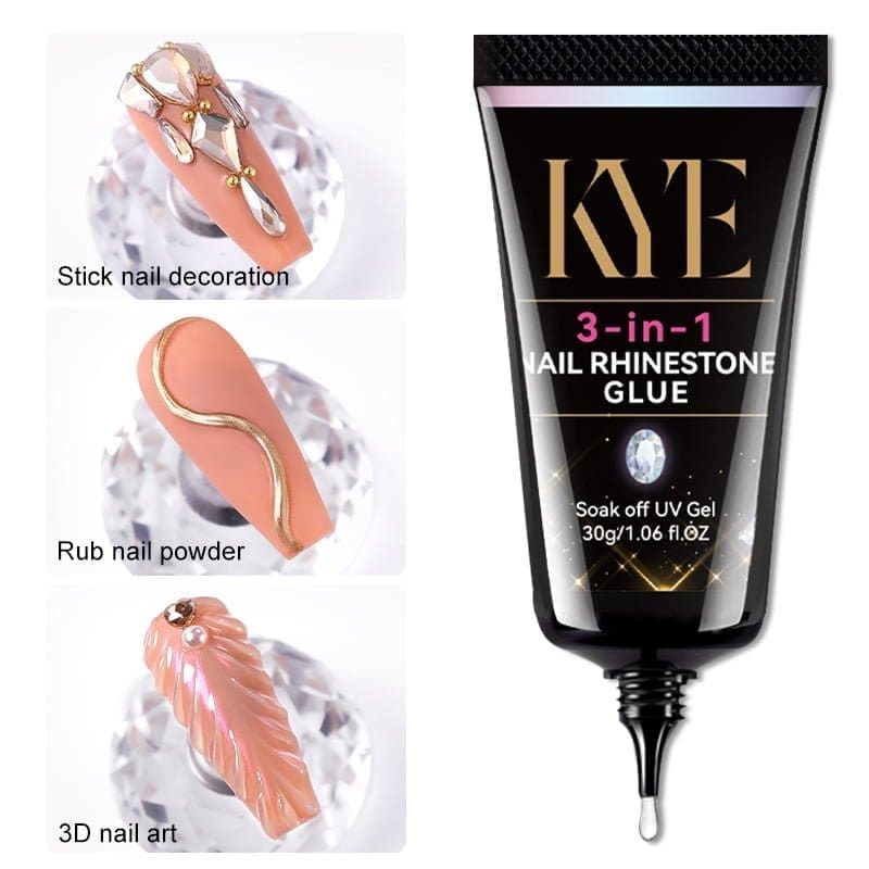 various types of nail art glue bottles displayed for rhinestone application